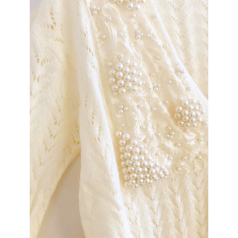 Commense Pearl Embellished Cardigan Sweater,‎ Elegant Knitwear,  Off White M - Picture 4 of 9